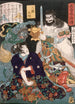 Sangoku-maleri, der knæler foran en dæmon og en kriger - Tsukioka Yoshitoshi — visning af kunstværket