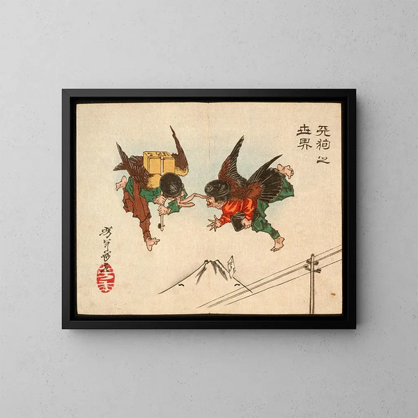 Messagers Tengu se heurtant en plein vol - Tsukioka Yoshitoshi — indrammet kunstværk på væggen