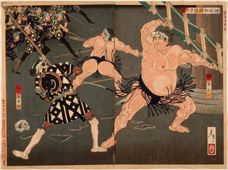 Duel mellem Yotsuguruma Daihachi og Kotengu Heisuke under kampen mellem brydere og brandmænd ved Shinmei-templet - Tsukioka Yoshitoshi — visning af kunstværket