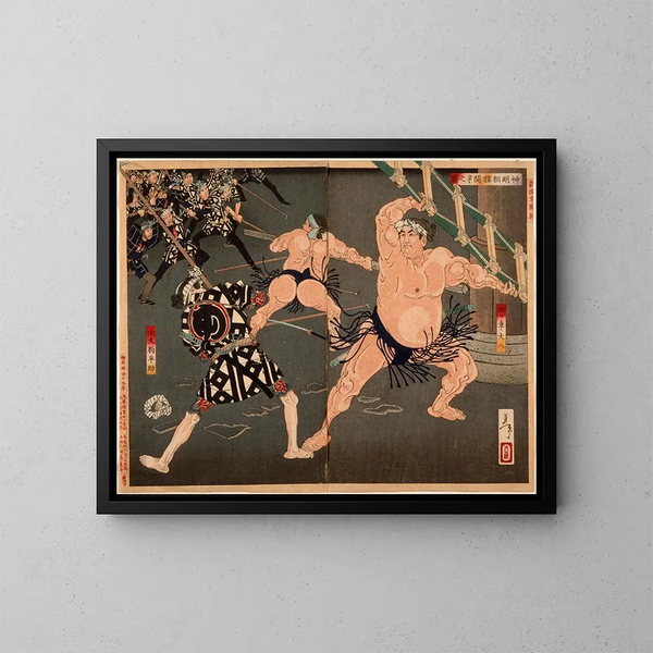 Duel mellem Yotsuguruma Daihachi og Kotengu Heisuke under kampen mellem brydere og brandmænd ved Shinmei-templet - Tsukioka Yoshitoshi — indrammet kunstværk på væggen