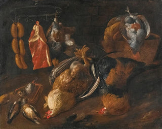 Tuscan School - A Still Life With Game And Meats Hanging On A Rail With Other Birds In A Basket And On The Ground.webp