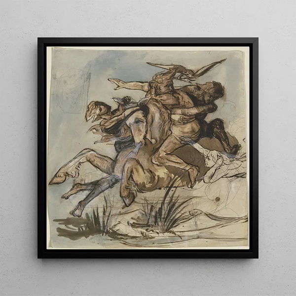 Un homme barbu accompagné d'un oiseau sur un cheval au galop étendu, trois figures cherchent à abattre l'autre - Victor Müller