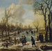 Et vinterlandskab med landsbyboere, der skøjter og spiller kolf på en frossen kanal, en landsby i det fjerne - Aert van der Neer — visning af kunstværket