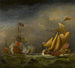 En engelsk krigsskib hilsende en engelsk kongelig yacht i stormfulde hav - Cirkel af Willem van de Velde den Yngre — visning af kunstværket
