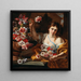 En ung kvinde, der tager en blomst fra en vase - Abraham Brueghel — indrammet kunstværk på væggen