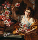 En ung kvinde, der tager en blomst fra en vase - Abraham Brueghel — visning af kunstværket