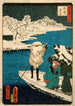 Utagawa Kunisada Toyokuni III's kunsttryk af Hashibas spand under sneen — visning af kunstværket