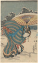 Vinterscene, kvinde bøjer sig for at justere sin sko - Utagawa Kunisada Toyokuni III — visning af kunstværket