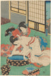 Kvinde, der læner sig over et badekar badet af hendes tjener - Utagawa Kunisada Toyokuni III — visning af kunstværket