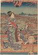 Kvinde og barn i lilla kimono overhængende over både og en bro - Utagawa Kunisada Toyokuni III — visning af kunstværket