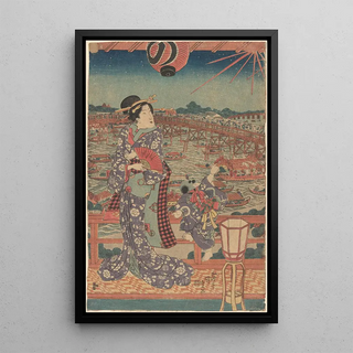 Utagawa Kunisada Toyokuni III - Woman and Child in Purple Kimono Overlooking Boats and Bridge.webp