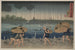 Personer, der går under paraplyer langs kysten under en storm - Utagawa Kuniyoshi — visning af kunstværket