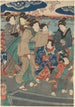 Sept figurer af kvinder, to paraplyer, flod i baggrunden - Utagawa Kuniyoshi — visning af kunstværket