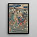 Sept figurer af kvinder, to paraplyer, flod i baggrunden - Utagawa Kuniyoshi — indrammet kunstværk på væggen