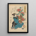 Kvinde i blå kimono holder et barn, der kigger på pæoner - Utagawa Kuniyoshi — indrammet kunstværk på væggen