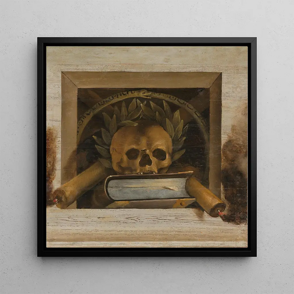 Vanité Nature morte avec crâne, couronne de laurier, livre et deux bougies allumées - Jacob van Campen