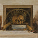 Vanitas Maleri af dødningehoved, laurbærkrans, bog og to tændte stearinlys - Jacob van Campen — vist i et interiør