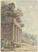 Caprice architectural Ruines d'une façade de temple avec paysage de bâtiments og baie en arrière-plan - Victor Jean Nicolle — visning af kunstværket