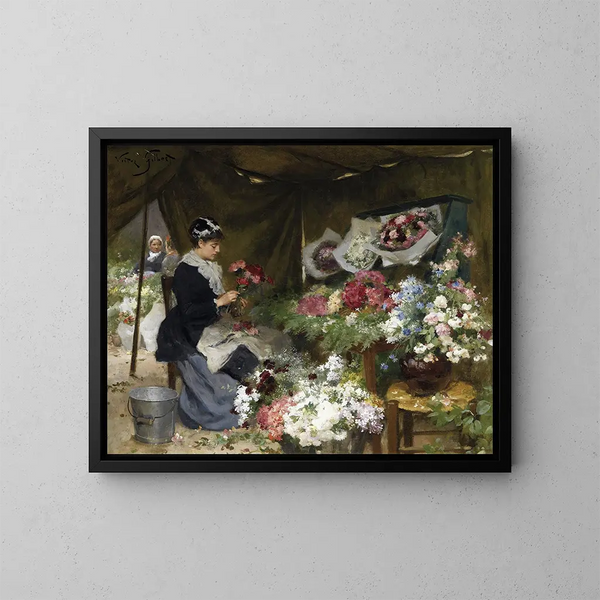 En blomsterhandler, der forbereder sine buketter - Victor Gabriel Gilbert — indrammet kunstværk på væggen