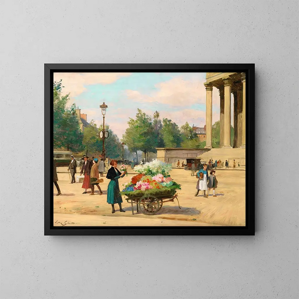 blomsterhandleren foran kirken La Madeleine i Paris - Victor Gabriel Gilbert — indrammet kunstværk på væggen