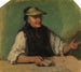 et gammelt Schwarzwald-maleri med et øjenbryn og spillekort i højre hånd, siddende bag et bord - Johann Baptist Kirner — visning af kunstværket