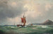 Bateaux de pêche au large d'une côte rocheuse un bateau à vapeur au loin - Vilhelm Melbye — visning af kunstværket