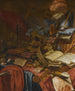 Et vanitas-maleri af en naturtro med en fløjte, et kranium, noder, en guldkrone, en dolk, skaller og andre genstande, alt sammen arrangeret på et bord delvist dækket. - Vincent Laurensz van der Vinne I. — visning af kunstværket