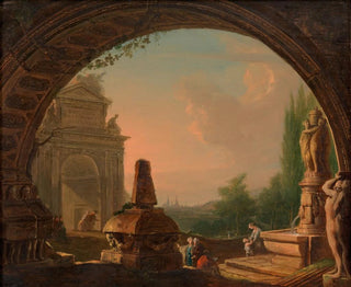 Vinzenz Fischer - Phantastische Morgenlandschaft mit Staffage durch einen Torbogen gesehen.webp
