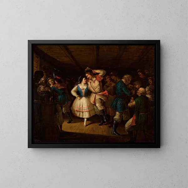 Danse folklorique de la région de Cracovie dans une taverne - Władysław Bakałowicz — indrammet kunstværk på væggen