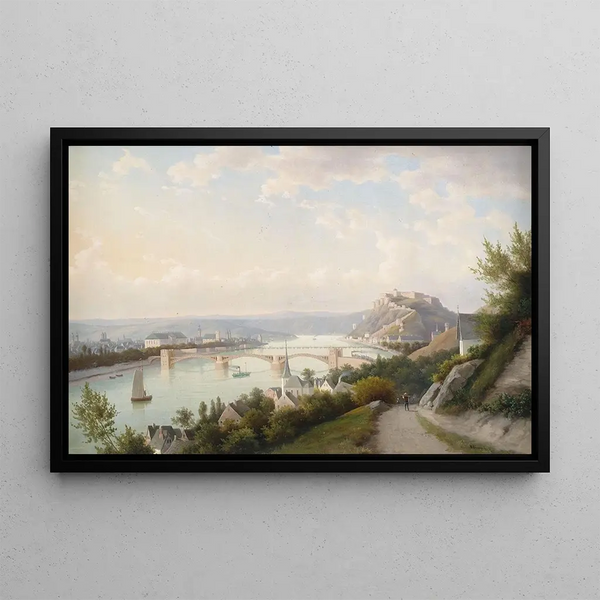 Walther Wnnenberg - Rheinlandschaft bei Koblenz mit der Pfaffendorfer Brcke erbaut 1864 und der Festung Ehrenbreitstein.webp
