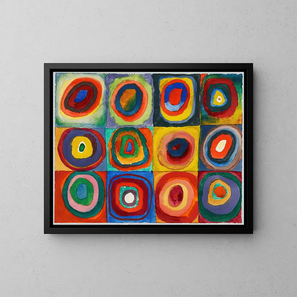 et kvadratisk maleri med koncentriske cirkler - Wassily Kandinsky — indrammet kunstværk på væggen