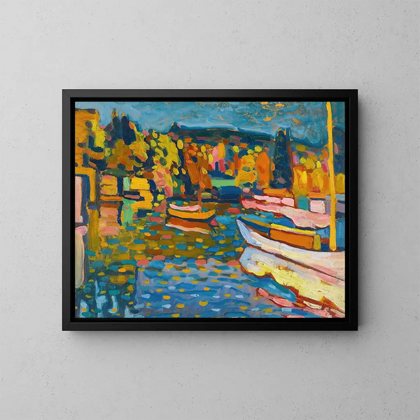 Studie for efterårslandskab med både - Wassily Kandinsky — indrammet kunstværk på væggen