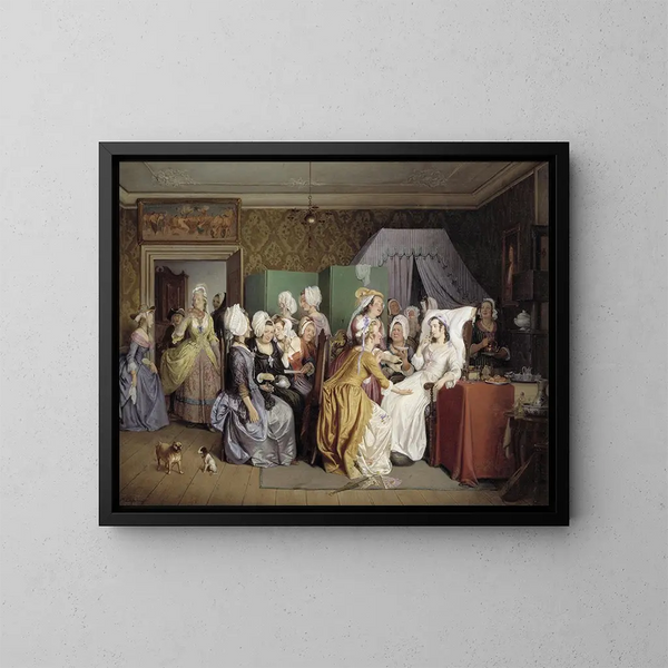 Scène de La chambre de l'accouchement de Ludwig Holberg - Wilhelm Marstrand — indrammet kunstværk på væggen