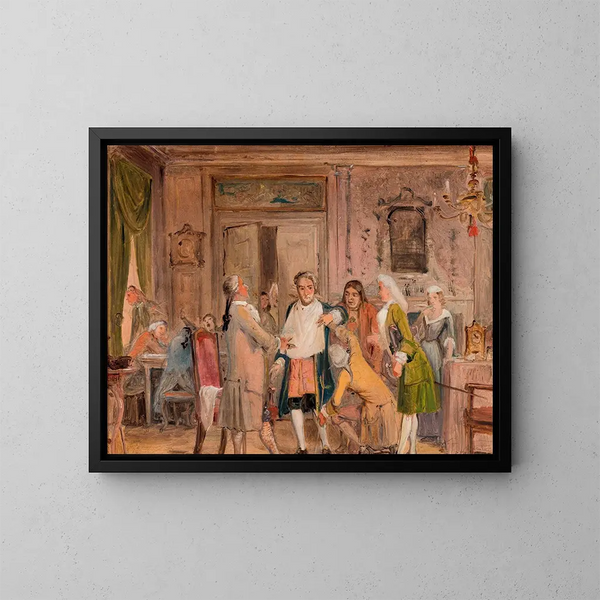 Holbergs scene fra Vielgeschrey, akt 1, scene 6, skitse - Wilhelm Marstrand — indrammet kunstværk på væggen