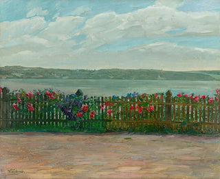 Wilhelm Trbner - Rose fence with view of the Berg Castle at Lake Starnberg.webp