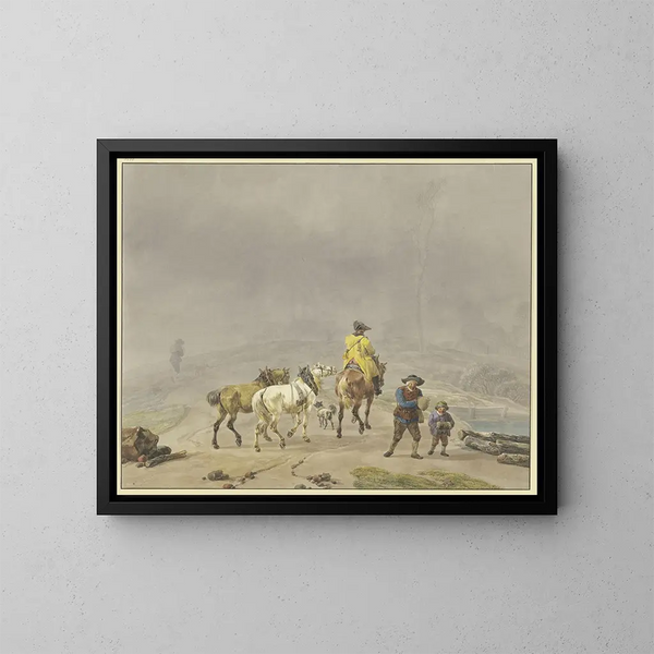 Postillon à cheval med to håndheste i et vintersceneri - Wilhelm von Kobell — indrammet kunstværk på væggen