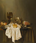 En stilleben af Banketje med en Roemer En sølvtasse på siden En skinke Ferskner En saltkar En lille brød Og et hvidt duge På et bord delvist dækket - Willem Claesz. Heda — visning af kunstværket
