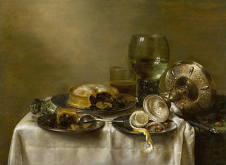 Naturtro med en sølvskål, kager og en skrællet citron på et bord - Willem Claesz Heda — visning af kunstværket