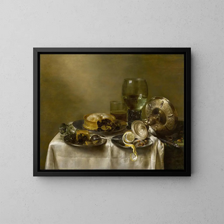 Naturtro med en sølvskål, kager og en skrællet citron på et bord - Willem Claesz Heda — indrammet kunstværk på væggen