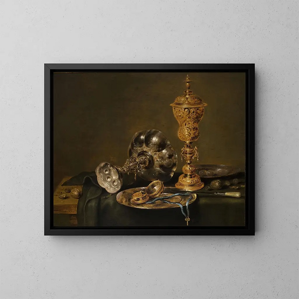 naturtro med metalgenstande og et ur på et bord - Willem Claesz Heda — indrammet kunstværk på væggen