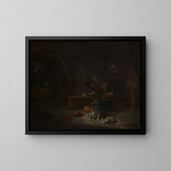 Indendørs køkkenmaleri - Willem Kalf — indrammet kunstværk på væggen
