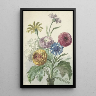 Willem van Leen - Boeket bloemen in de hals van een groene vaas.webp