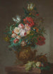 Naturstilleben med tulipaner og peoner i en vase på en kant med frugt - Willem van Leen — visning af kunstværket