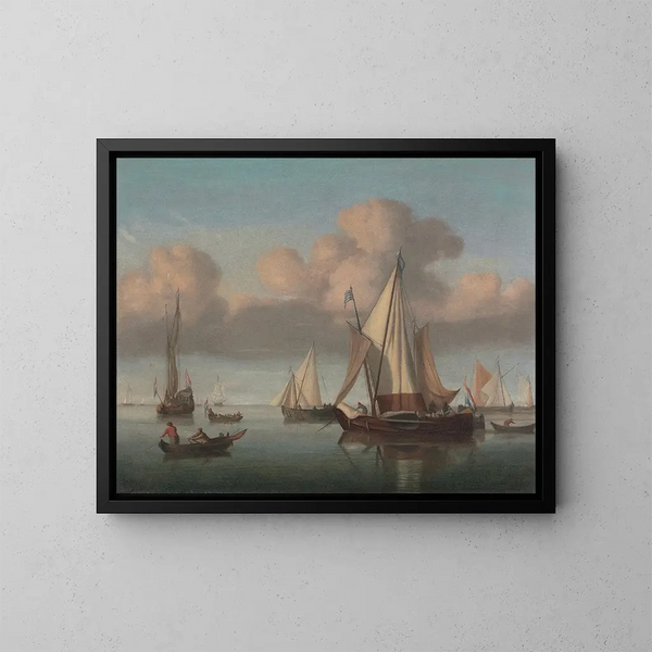 Un kaag au mouillage avec les voiles hissées og en statsyacht og andre skibe - Willem van de Velde den Yngre — indrammet kunstværk på væggen