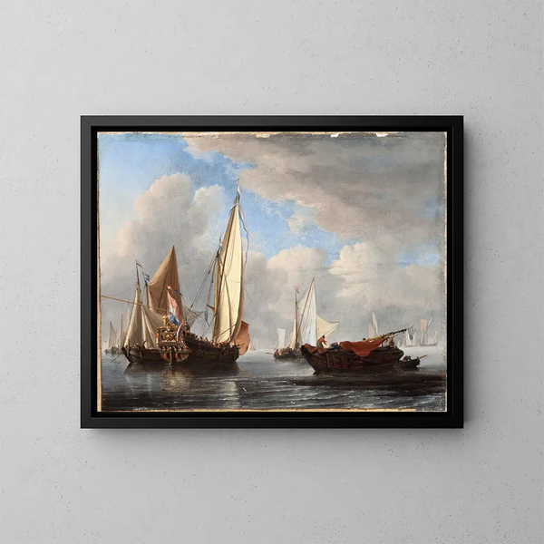 et yacht og andre skibe i ro - Willem van de Velde den Yngre — indrammet kunstværk på væggen