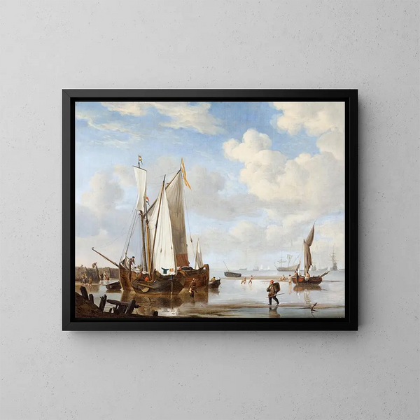 et wijdschip og en kaag i en bugt nær en havmur - Willem van de Velde den Yngre — indrammet kunstværk på væggen