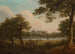 Jægere i et skovrigt flodlandskab, et landhus i det fjerne - William Ashford — visning af kunstværket