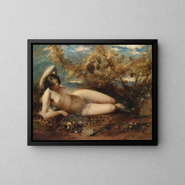 En ung kvinde liggende på et pelsdyrstæppe - William Etty — indrammet kunstværk på væggen