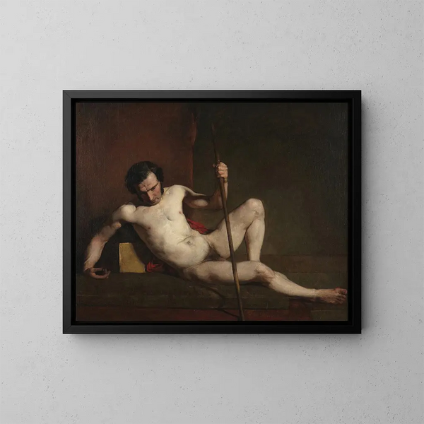 Mandlige nøgne maleri, der støtter sig til en stok - William Etty — indrammet kunstværk på væggen