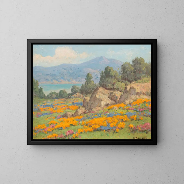 Vue côtière avec des coquelicots et des lupins - William Franklin Jackson — indrammet kunstværk på væggen